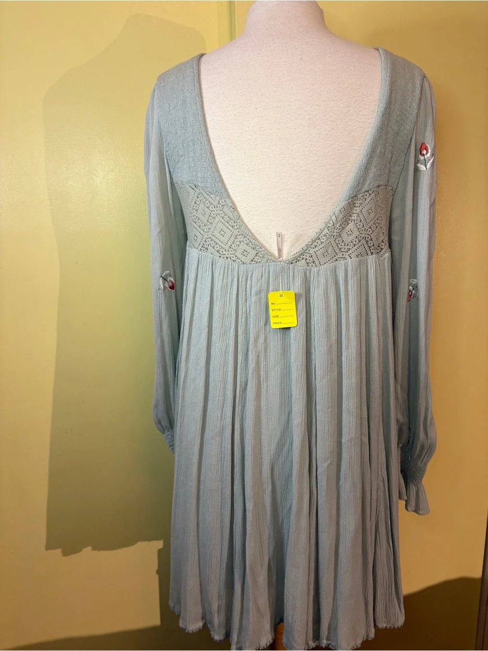 Free People Mojave Embroidered Sage Long-Sleeve Babydoll Dress. Callout